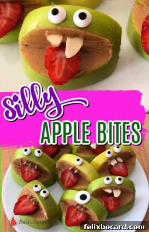 Silly Apple Bites pin image for Pinterest, showing a stack of funny apple snacks.