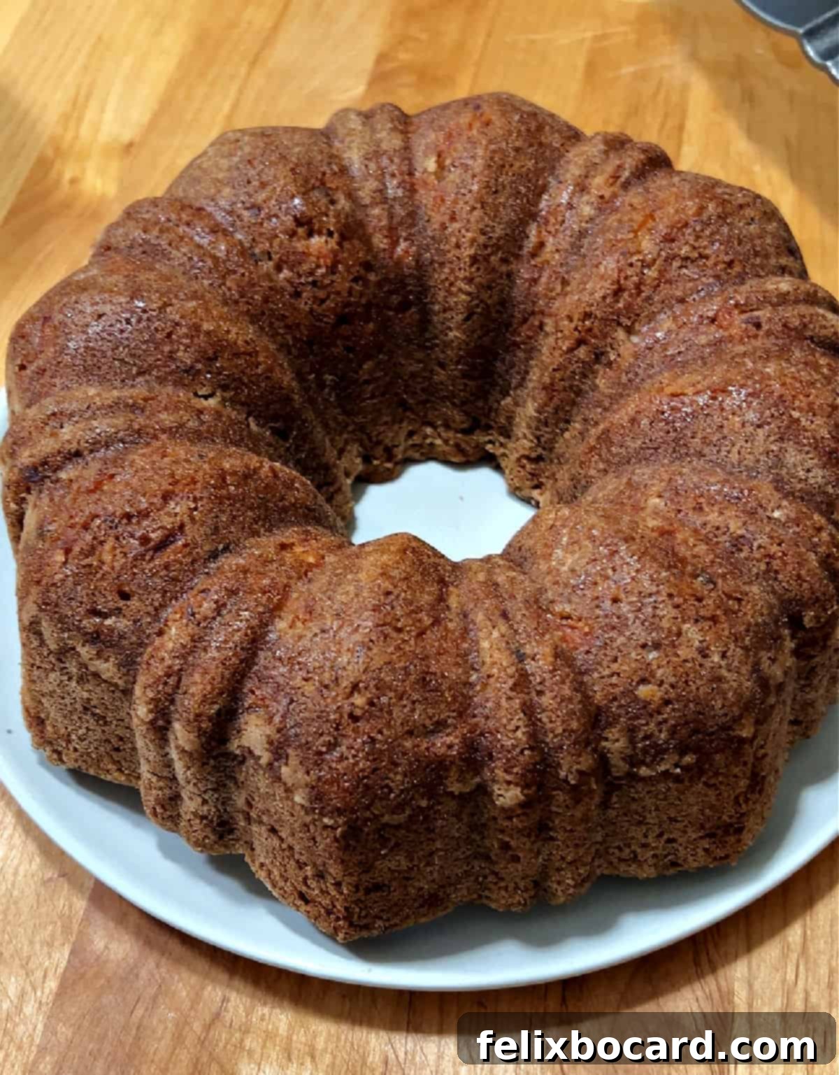 Fresh apple cake cooling on a plate.