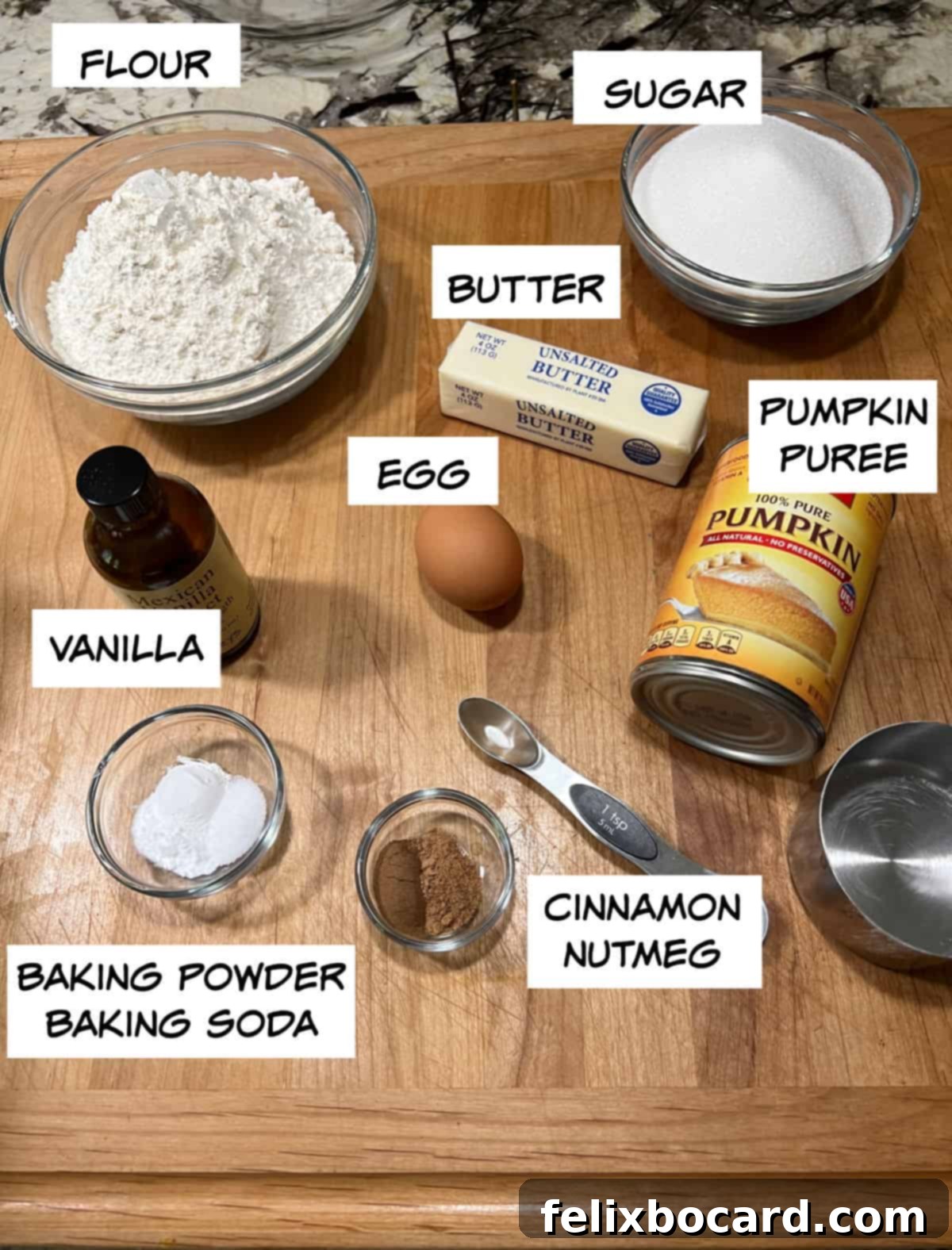 Ingredients: flour, sugar, butter, egg, pumpkin puree, vanilla, baking powder, baking soda, cinnamon, and nutmeg.