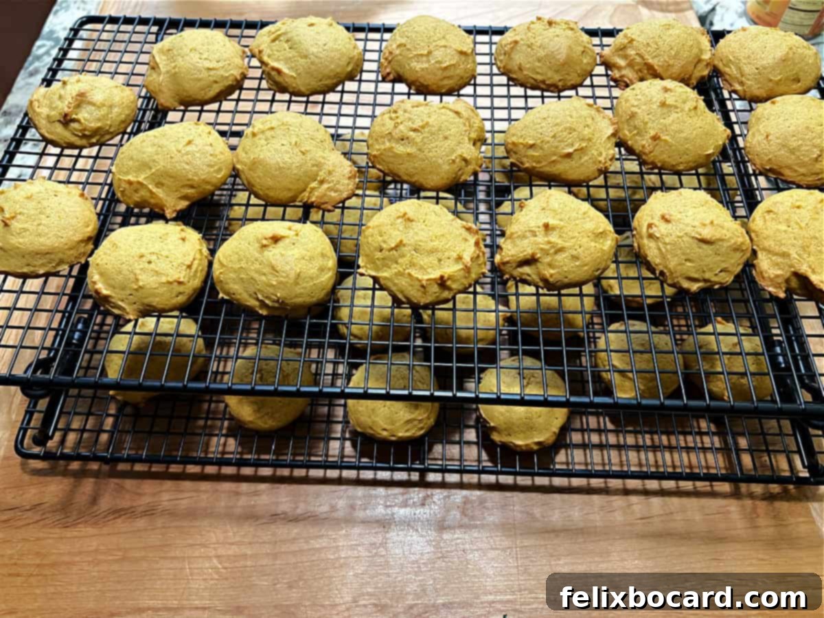 Cookies cooling on wire racks after baking.