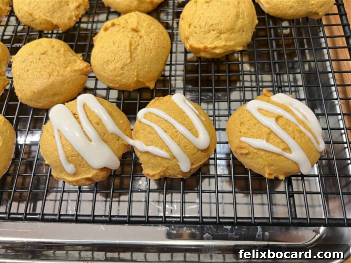 Old fashioned pumpkin cookies with a zig zag drizzle of frosting.