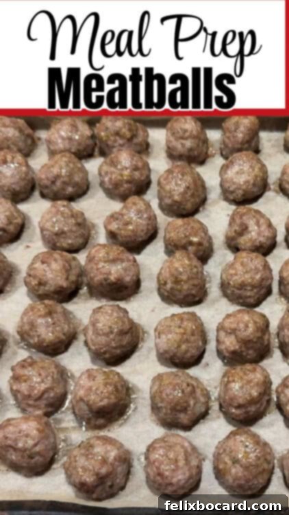 Make Ahead Freezer Meatballs 8 A vibrant and appealing Pinterest graphic promoting 'Freezer Meatballs' as a clever meal prep solution for busy weeknights, showcasing a delectable image of the cooked meatballs.