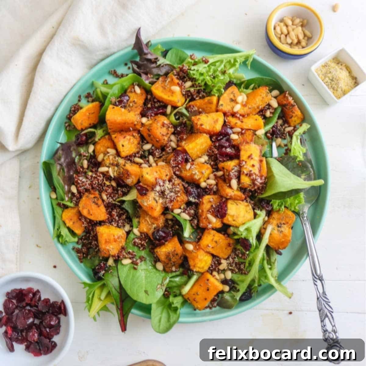 More Than Twenty Dried Cranberry Creations 13 A vibrant Butternut Squash Quinoa Salad, showcasing the rich colors of roasted squash, quinoa, and dried cranberries.