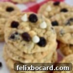 More Than Twenty Dried Cranberry Creations 21 A stack of golden-brown oatmeal craisin cookies, studded with dried cranberries and white chocolate chips.