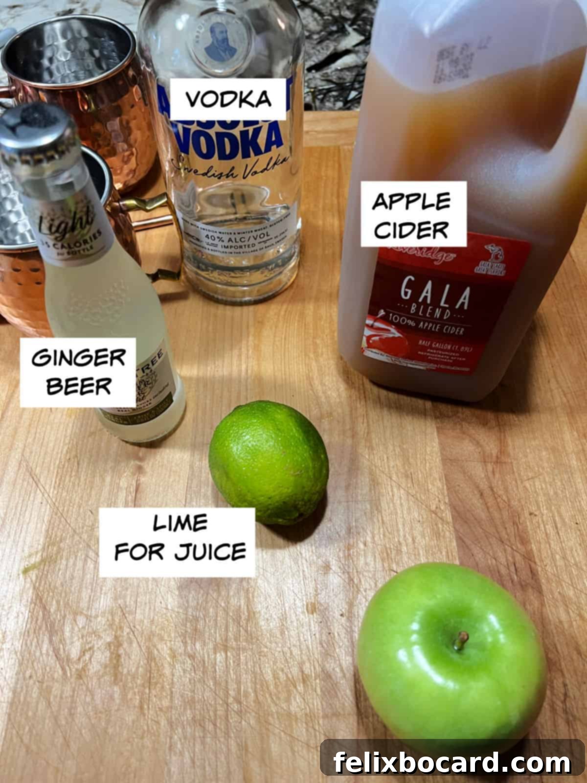 Spiced Apple Moscow Mule 3 Ingredients for Apple Cider Moscow Mule: vodka, ginger beer, apple cider, and fresh lime for juice.