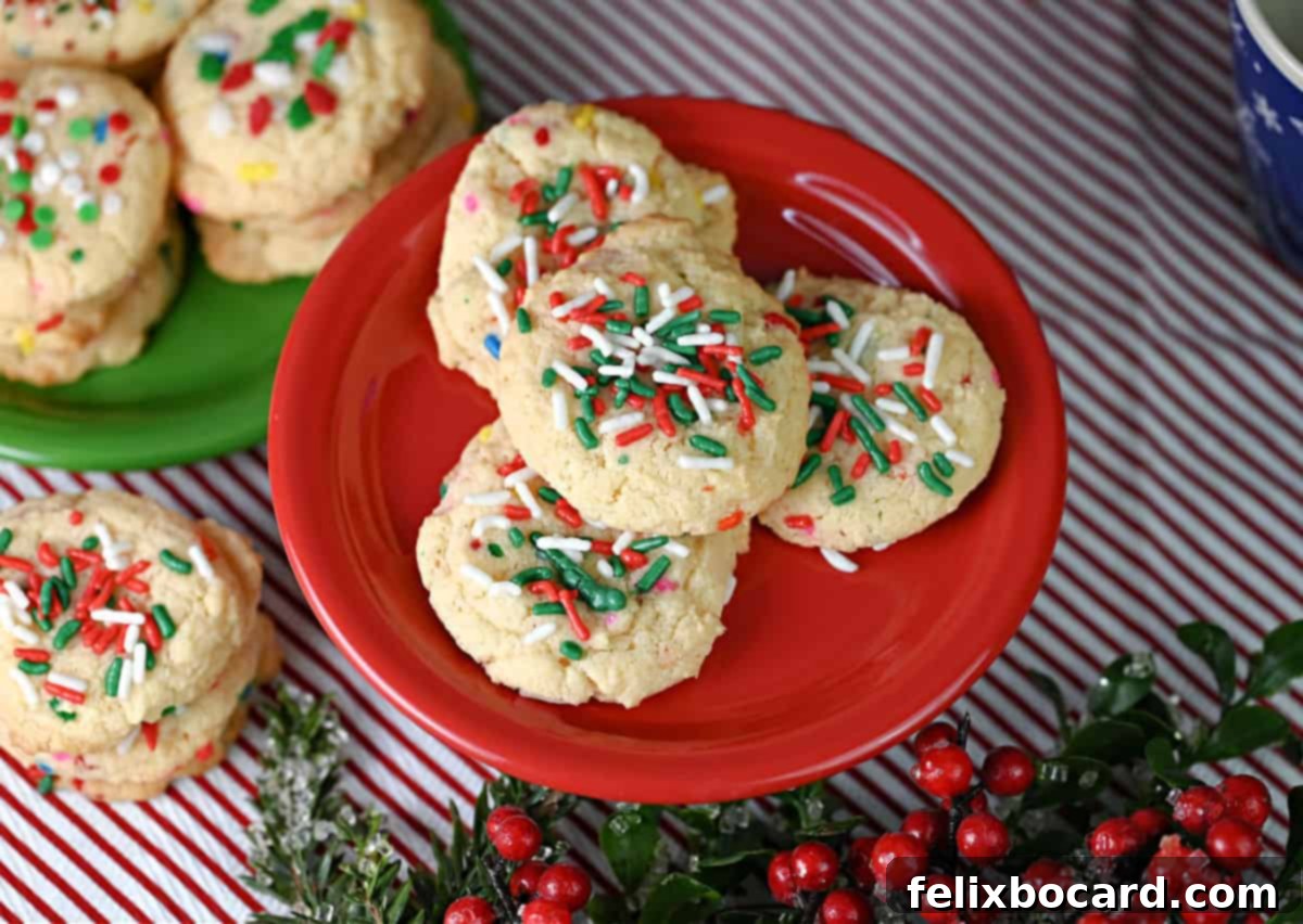 Small plate of Christmas colored Funfetti cake mix cookies.