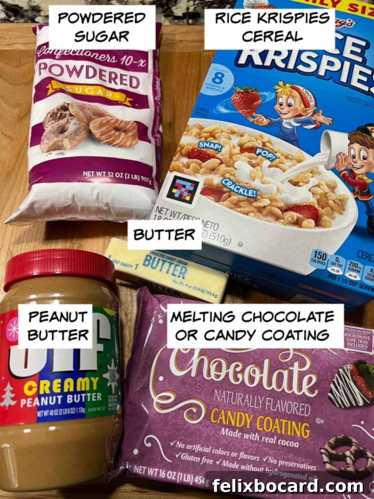 Ingredients: powdered sugar, cereal, butter, peanut butter, melting chocolate for coating.