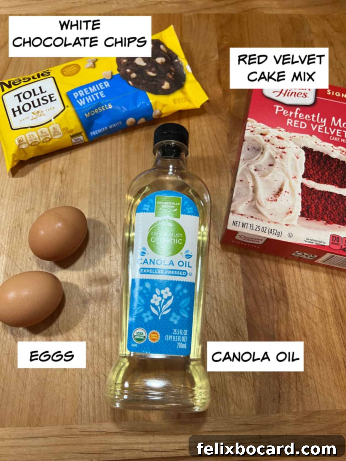 Ingredients: red velvet cake mix, white chocolate chips, canola oil, and eggs.