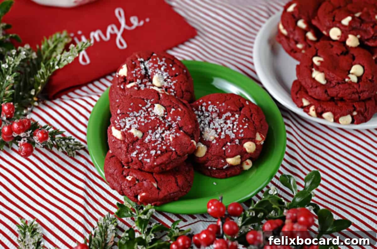 Red Velvet cake mix cookies sprinkled with white or silver sanding sugar for a sparkly look.