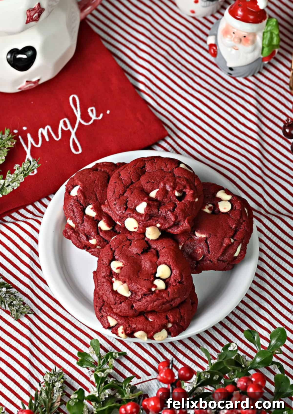 plate of red velvet cake mix cookies with white chocolate chips.