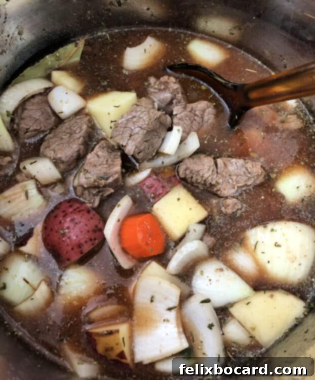 Beef stew ingredients simmering gently in a slow cooker, releasing rich aromas.