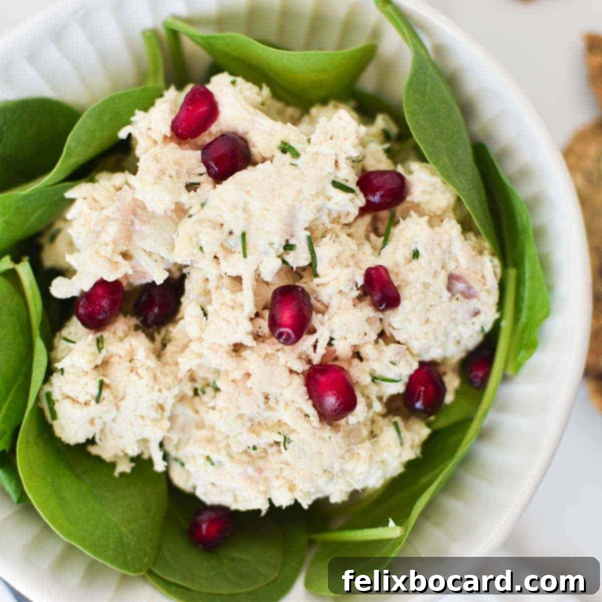 21 Delicious Makeovers for Your Leftover Shredded Chicken 11 An elegantly prepared pomegranate chicken salad, featuring vibrant red arils.