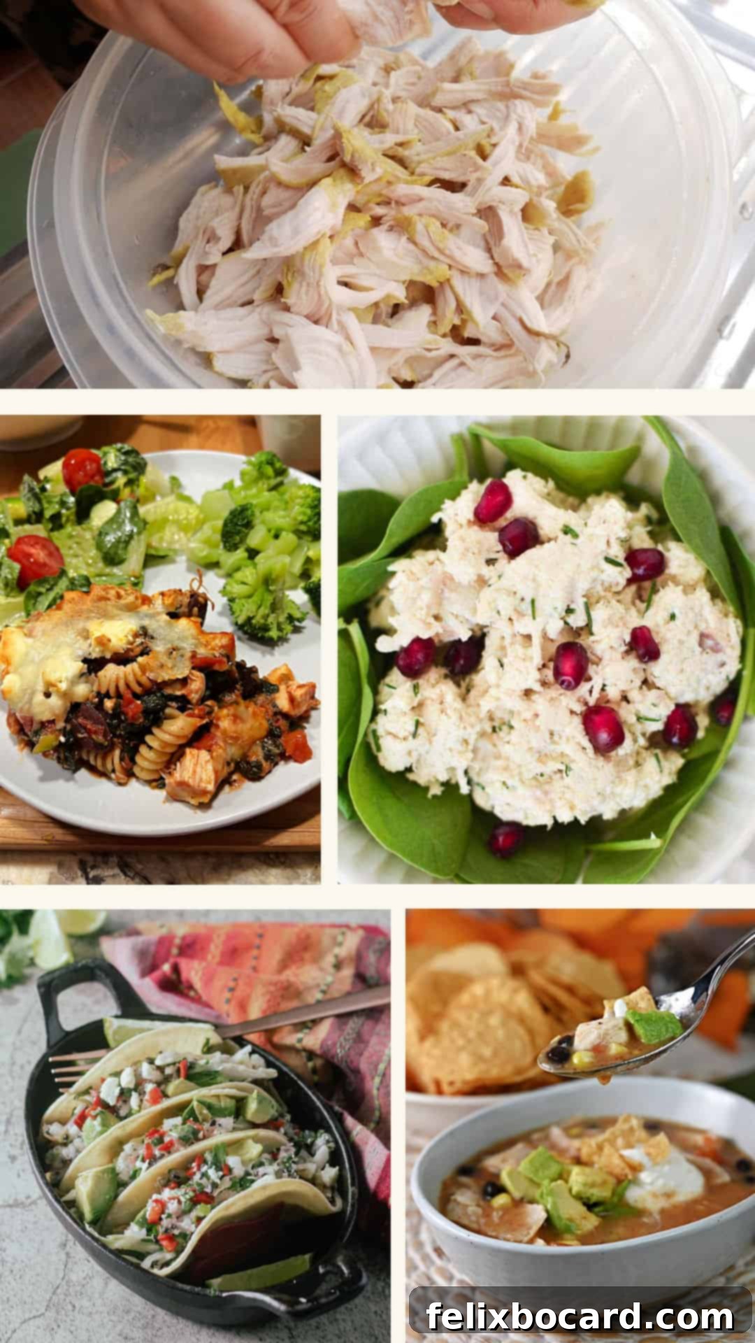 21 Delicious Makeovers for Your Leftover Shredded Chicken 37 A comprehensive collage illustrating a variety of tempting recipes featuring leftover shredded chicken.