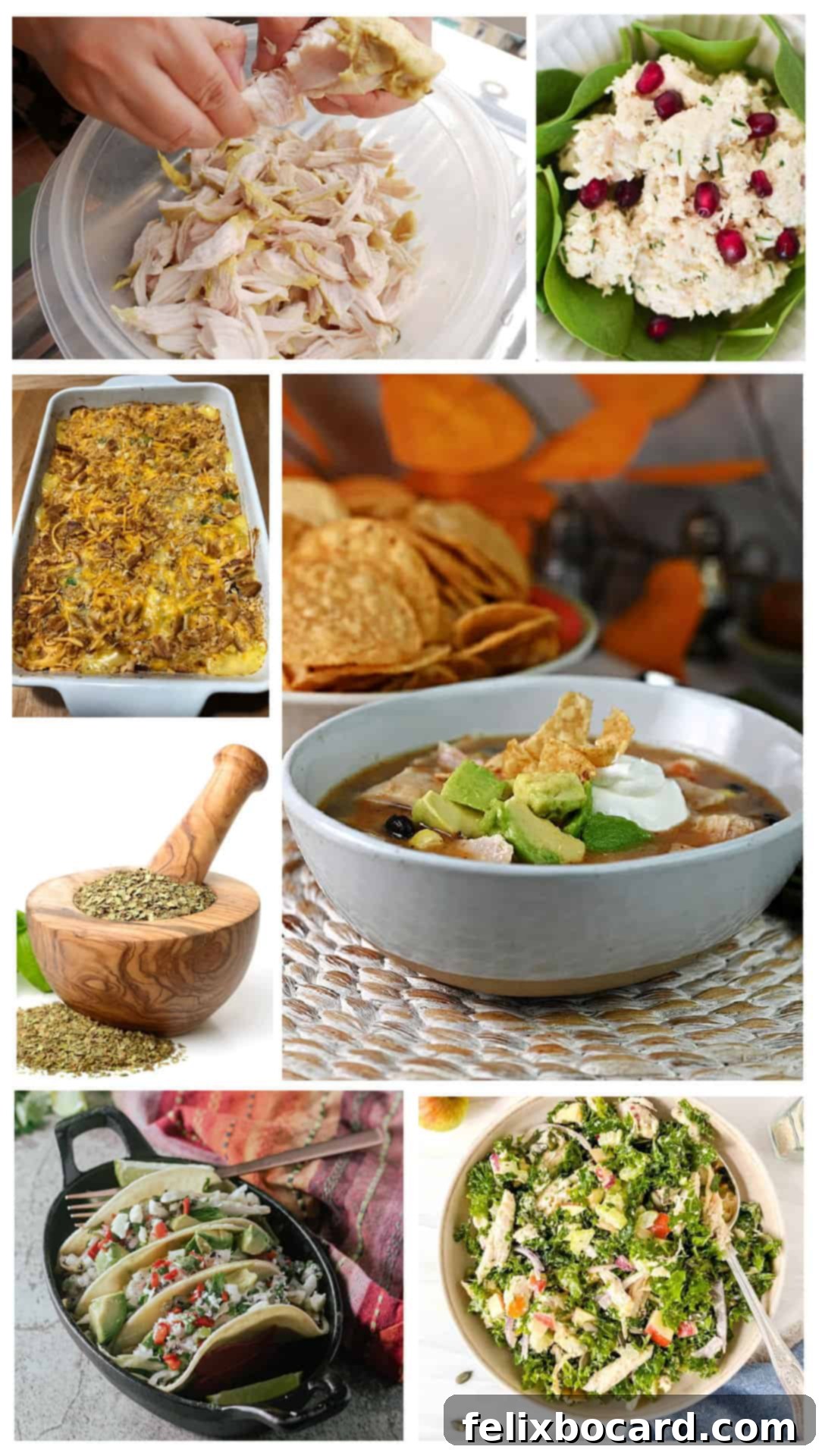 21 Delicious Makeovers for Your Leftover Shredded Chicken 6 An inspiring collage of various shredded chicken recipe ideas, perfect for utilizing leftovers.