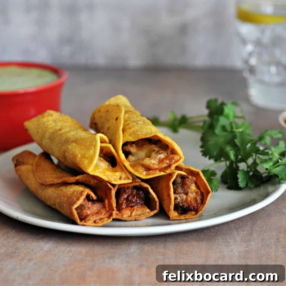 21 Delicious Makeovers for Your Leftover Shredded Chicken 7 Crispy air-fried taquitos artfully arranged on a small plate, with a savory dipping sauce in the background.