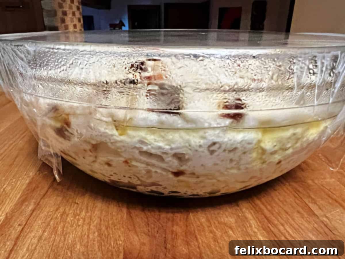 Simple Sun-Dried Tomato & Rosemary Focaccia 6 Fluffy focaccia dough visibly rising and expanding in a glass bowl.