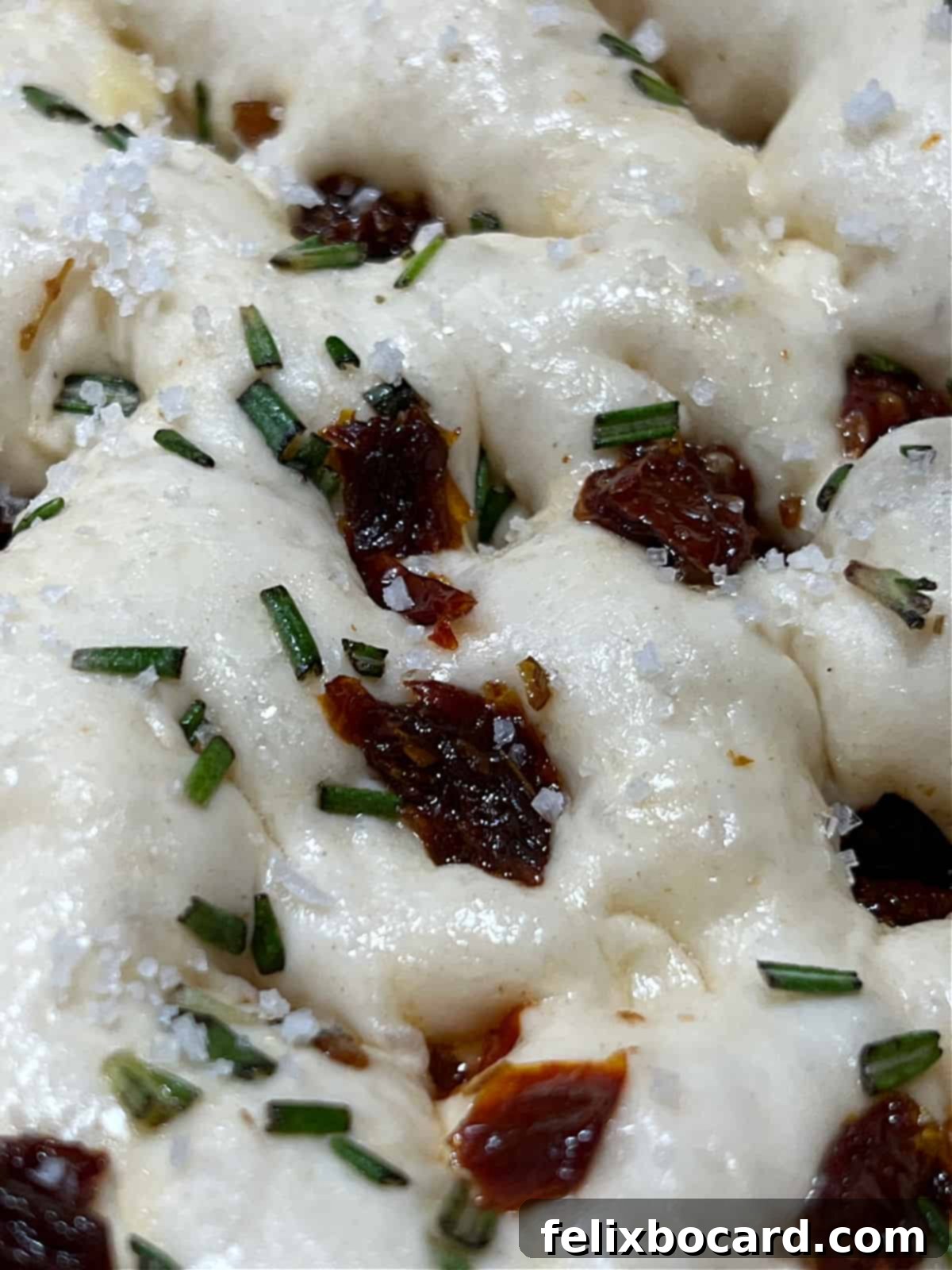 Simple Sun-Dried Tomato & Rosemary Focaccia 9 Close-up of focaccia dough with deep, characteristic dimples created by oiled fingers just before baking.
