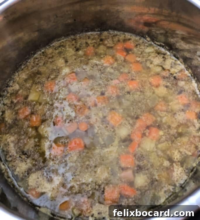 Instant Pot Split Pea Soup directly after cooking cycle, appearing thin before stirring