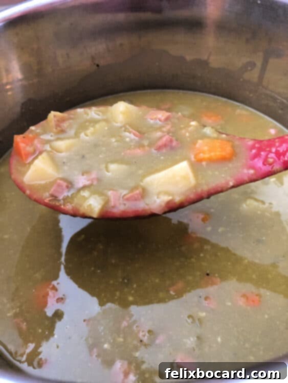 A close-up of a bowl of homemade Instant Pot Split Pea Soup, ready to be served