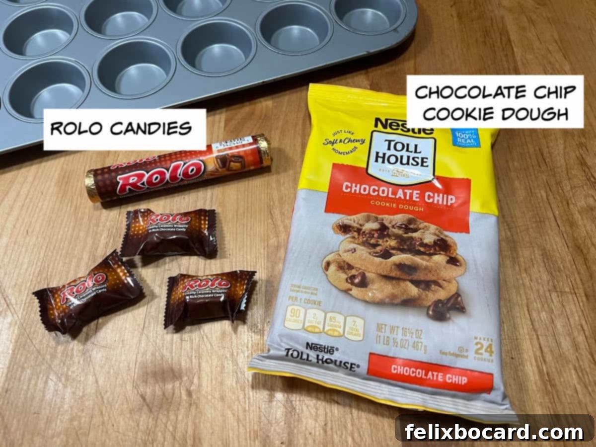 Simple ingredients for Rolo Stuffed Chocolate Chip Cookies: refrigerated cookie dough and Rolo candies.