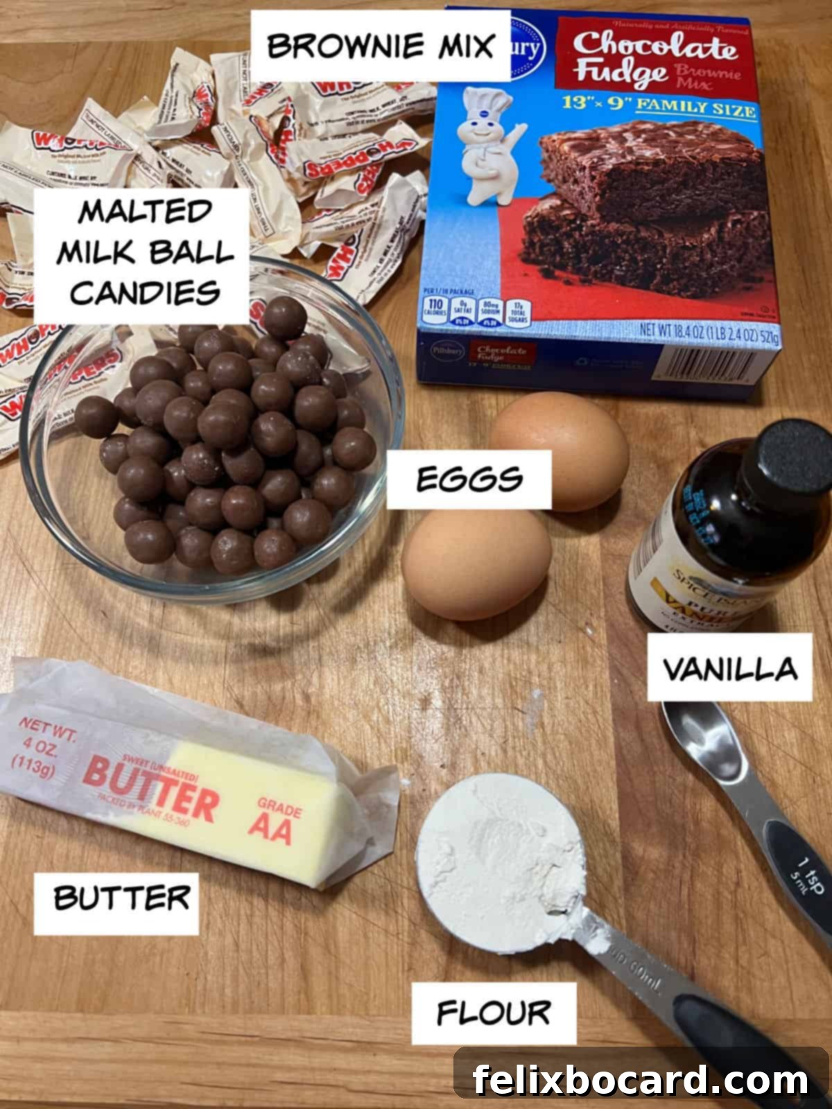Ingredients: brownie mix, malted milk balls, eggs, vanilla, butter, and flour.