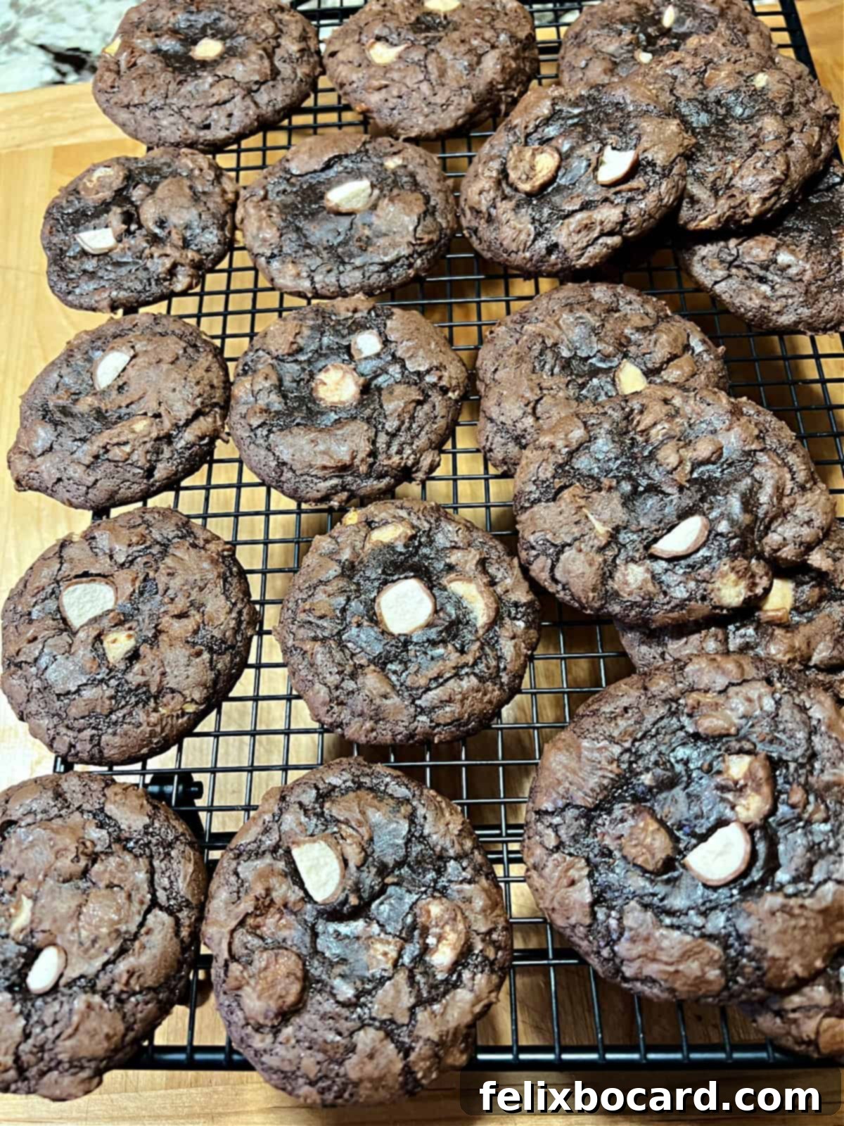 Chocolate malted milk ball cookies cooling on a wire rack.