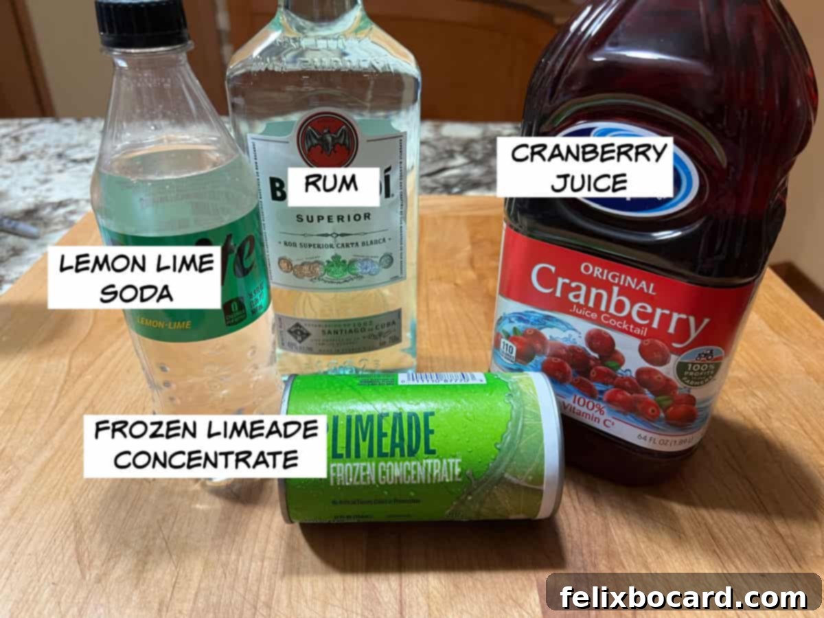 Ingredients: frozen limeade concentrate, lemon lime soda, rum, and cranberry juice.
