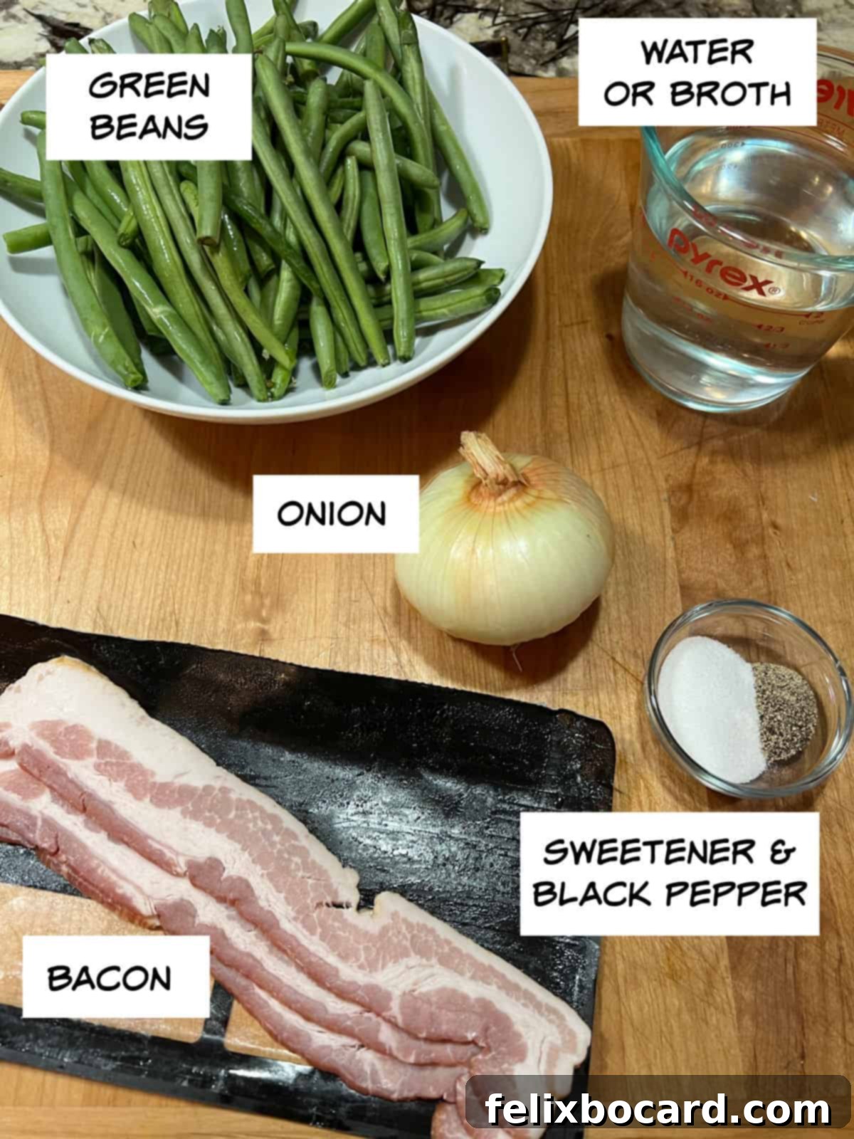 Ingredients for Texas Roadhouse green beans: fresh green beans, water or broth, chopped onion, raw bacon strips, sweetener, and black pepper.