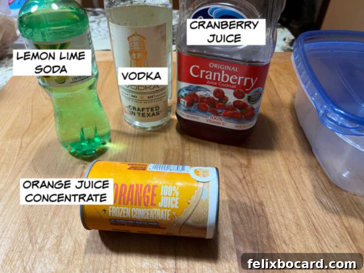 Zesty Cranberry Orange Vodka Chill 3 Ingredients: lemon-lime soda, vodka, cranberry juice, and frozen orange juice concentrate.