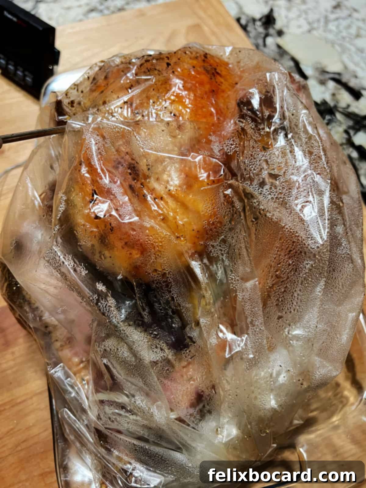 Roasted turkey resting in the oven bag, preserving its juices.