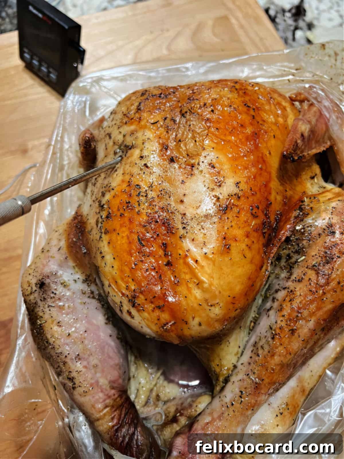 Roasted turkey removed from the oven bag, ready for carving.