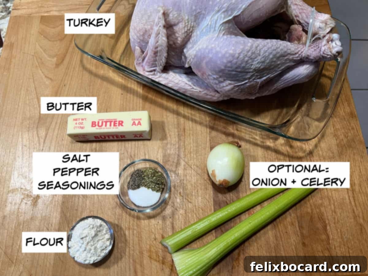 Ingredients for oven bag turkey: turkey, butter, salt, pepper, Italian seasoning, flour, and optional celery and onion.