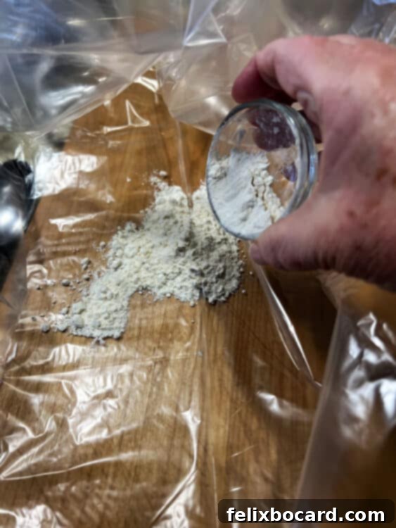 Placing flour inside the oven bag.