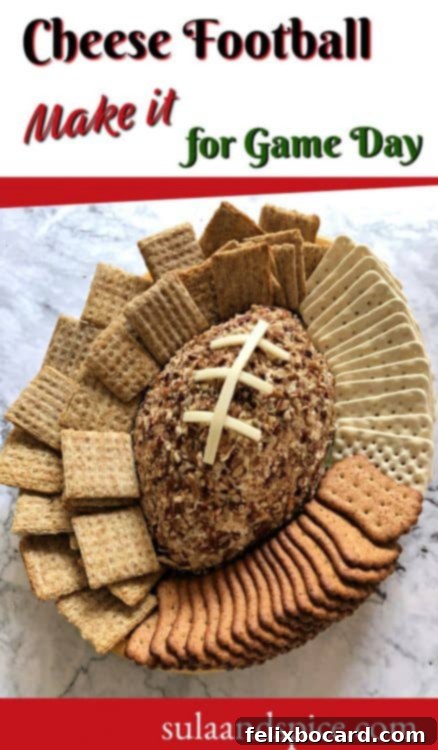 Pinterest pin for football shaped cheese ball recipe idea.