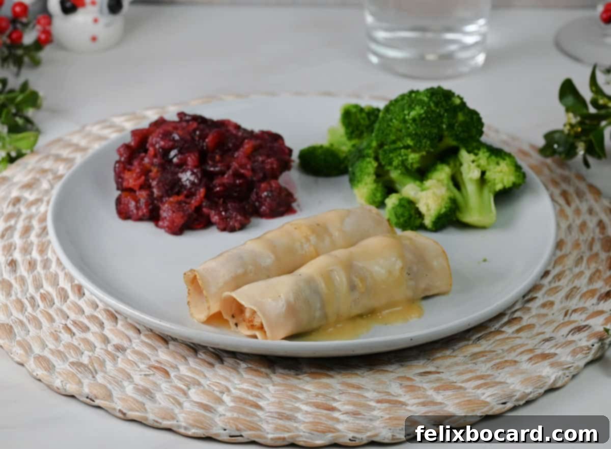 Two golden-baked turkey roll-ups filled with savory stuffing, served alongside vibrant green broccoli and a dollop of crimson cranberry sauce on a white plate, inviting a taste of comforting holiday flavors.