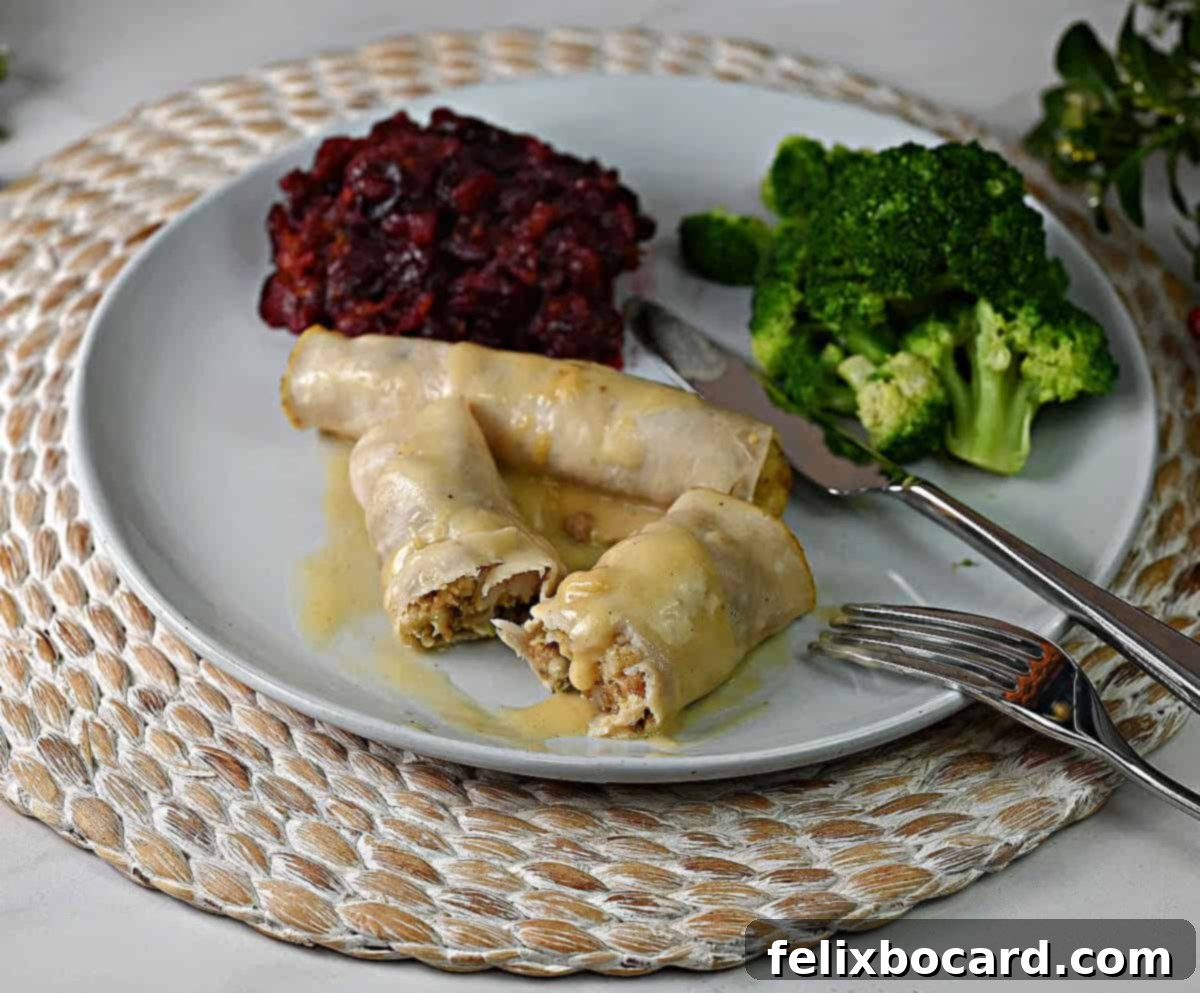 A plate featuring golden-baked turkey roll-ups, one cut open to reveal the fluffy stuffing inside, accompanied by a vibrant serving of cranberry sauce and fresh broccoli florets, showcasing a complete and appealing meal.