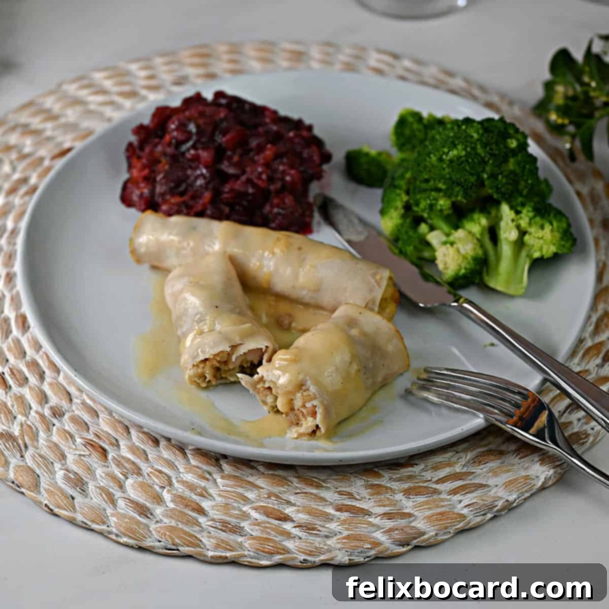 A single turkey and stuffing roll-up, perfectly sliced to reveal its savory filling, elegantly presented on a plate alongside bright cranberry sauce and tender broccoli florets.