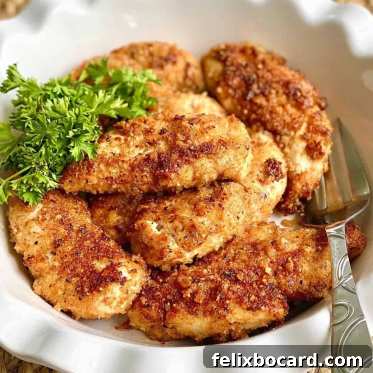 Crunchy Parmesan Chicken tenderloin recipe, golden and crispy.