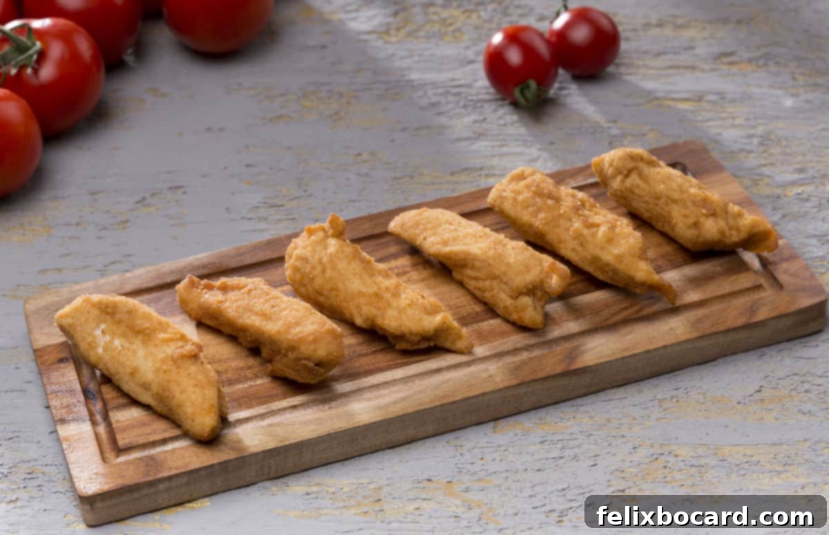 Wood tray lined with cooked chicken tenders, showcasing their delicious appearance.
