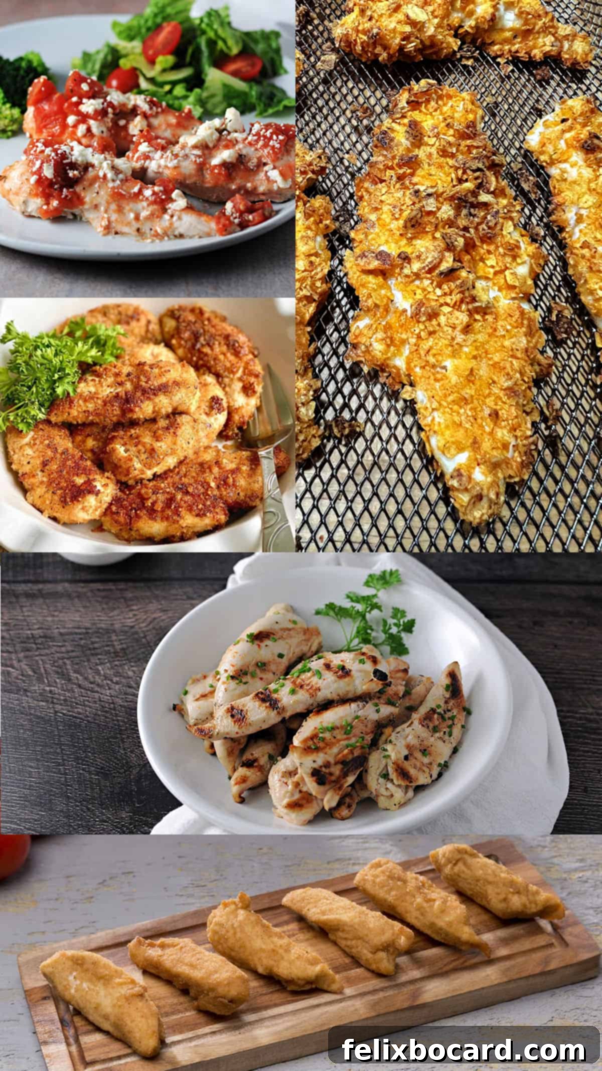 Collage of images for various recipes using chicken tenderloins, showcasing their versatility.