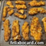 Cooked Dorito coated chicken tenders in an air fryer basket, ready to eat.