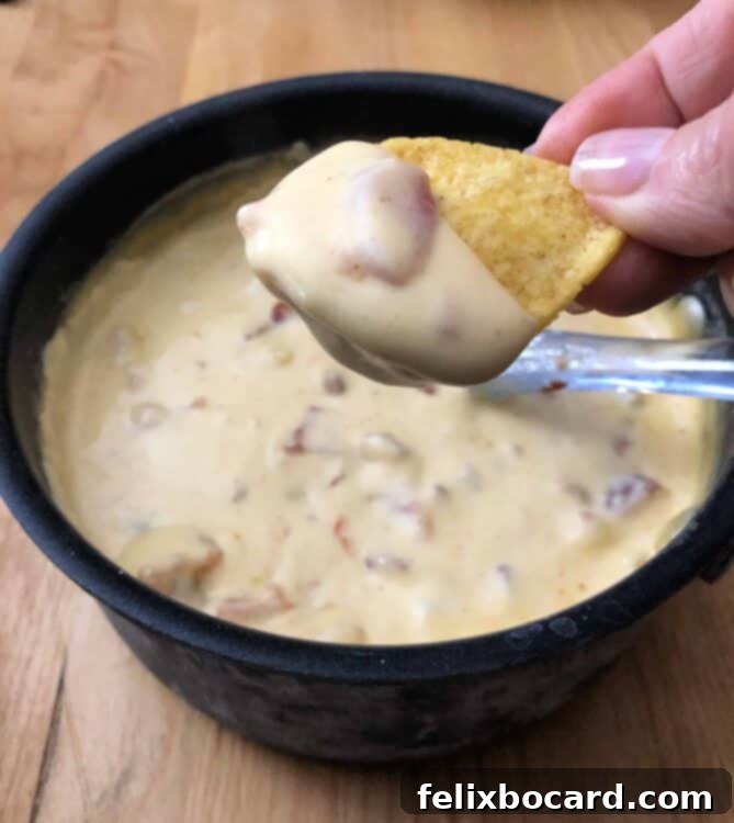 Close-up of a rich, golden queso dip in a white bowl, garnished with a sprig of cilantro, against a blurred background, emphasizing its creamy texture.