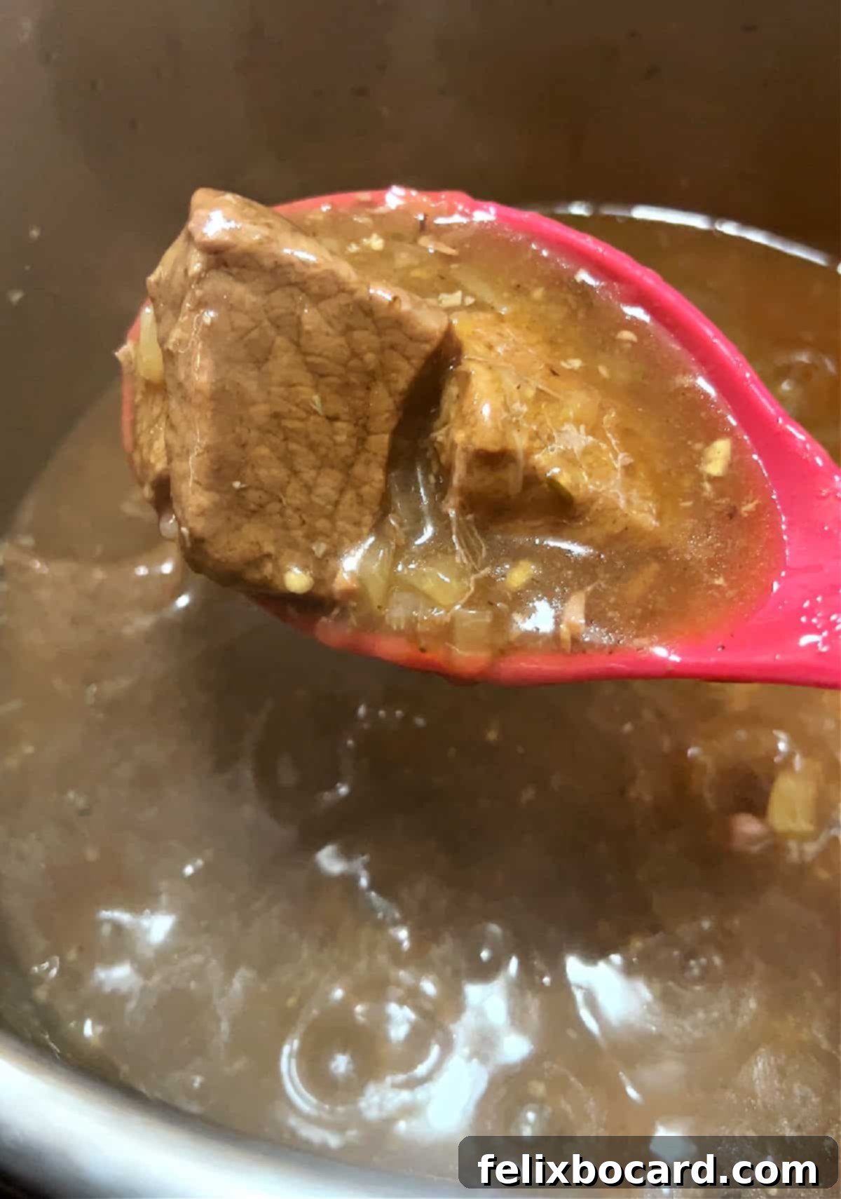 Instant Pot Beef Tips coated in a rich, thick gravy, ready to be served.