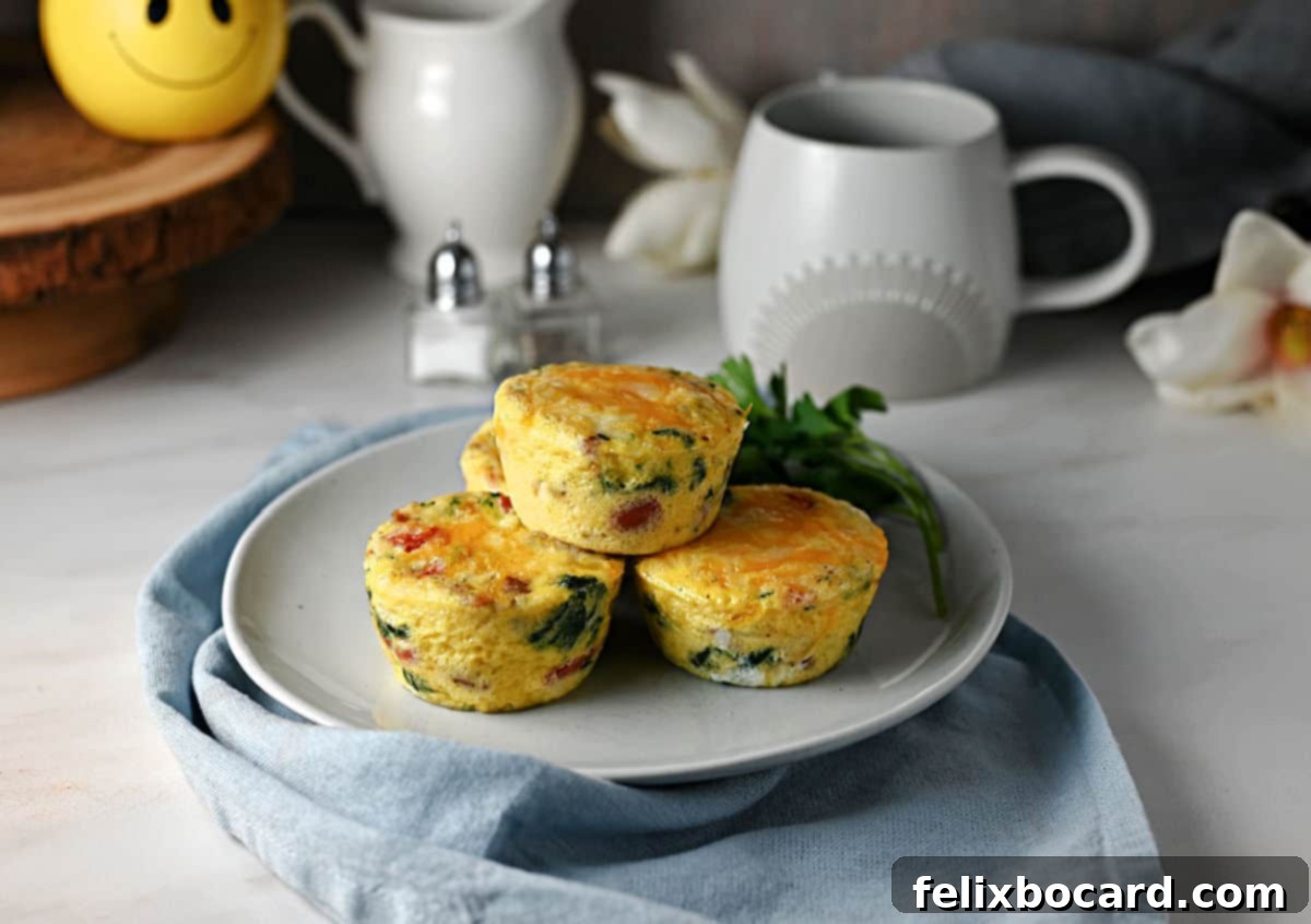 Savory Sausage and Egg Cups 2 Group of sausage egg and cheese bites on a small plate ready to eat, garnished with fresh herbs.