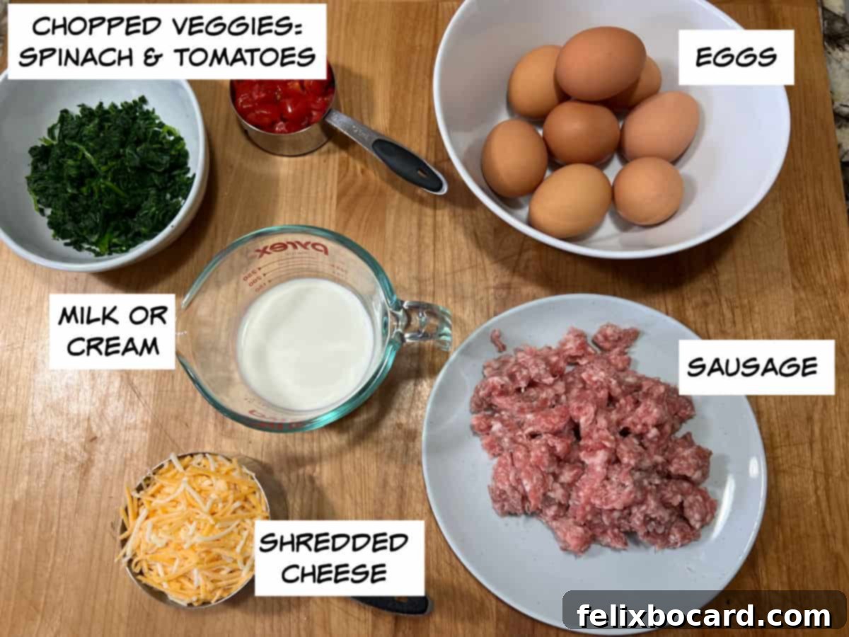 Savory Sausage and Egg Cups 3 Ingredients for sausage and cheese egg bites: eggs, sausage, milk, cheese, spinach, and tomatoes laid out on a cutting board.