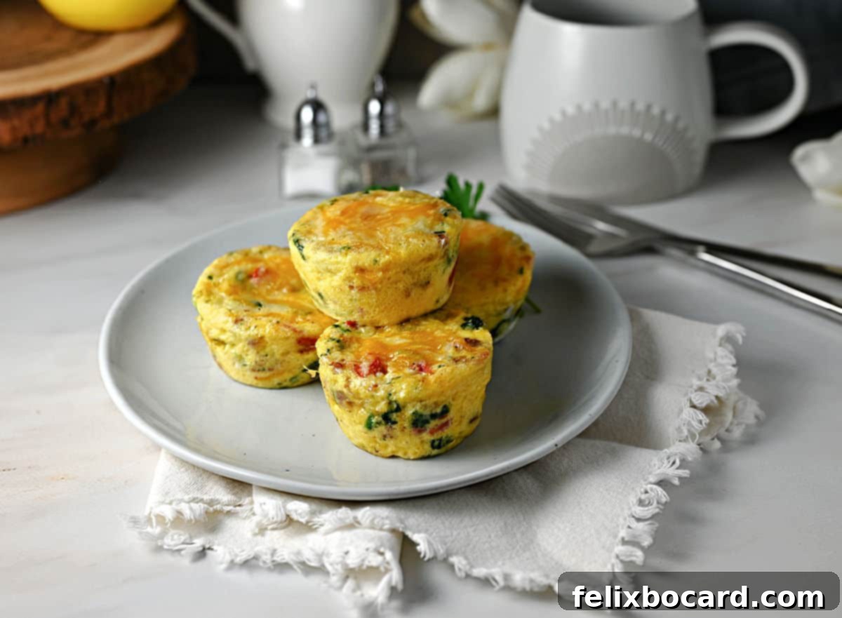 Savory Sausage and Egg Cups 10 Close-up of baked sausage, cheese, and egg bites on a small plate, garnished with fresh chives, ready to eat.