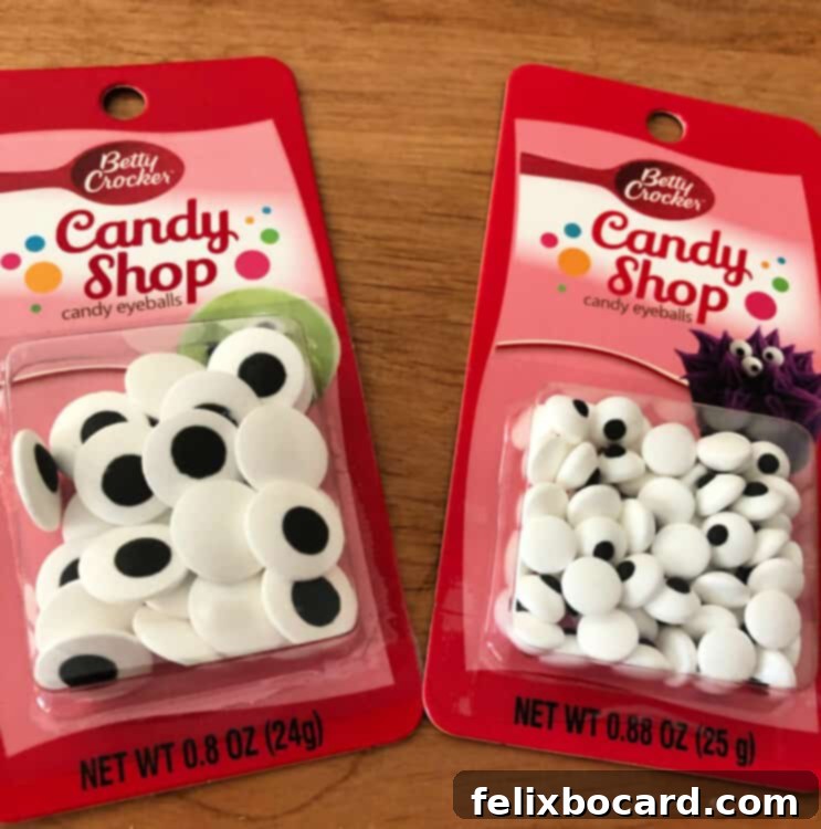 Spooky Eyeball Treats 7 Two different sized packages of edible candy googly eyes, suggesting a creative approach to decorating.