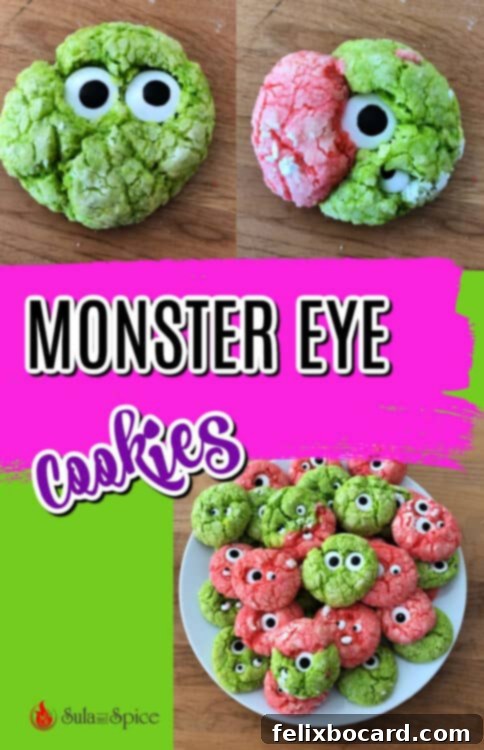 Spooky Eyeball Treats 10 Pinterest pin graphic featuring a collection of vibrant Monster Eye Cookies with text overlay, encouraging readers to save the recipe.