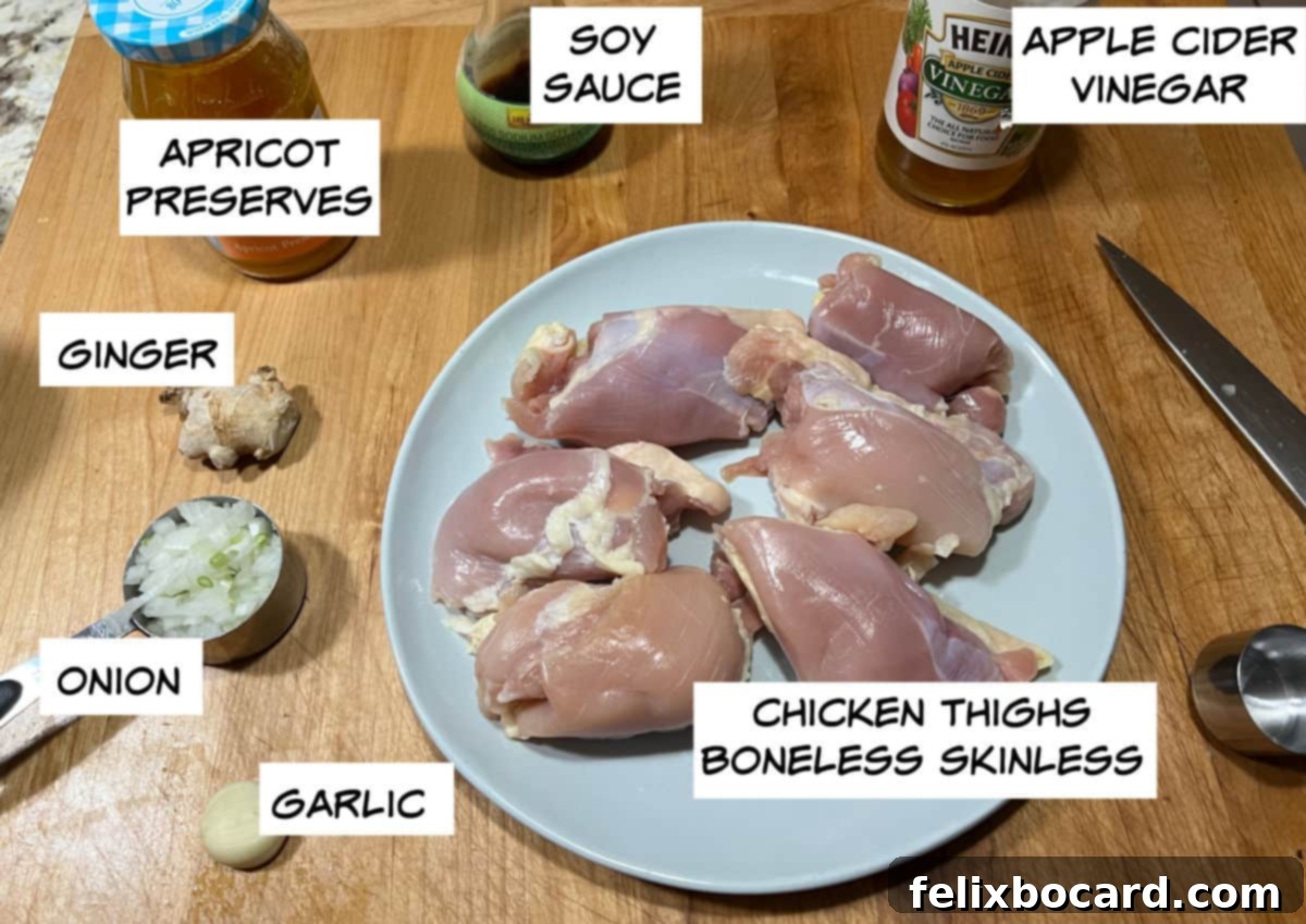 Ingredients: jam or preserves, soy sauce, apple cider vinegar, boneless skinless thighs, garlic, onion, and ginger.