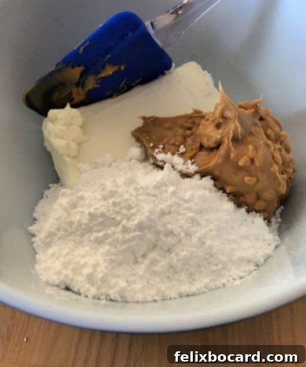 Decadent No-Bake Snickers Treat 3 Ingredients for Snickers Pie in a mixing bowl before combining